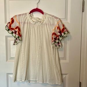 THML Cream Ruffled Peasant Top with Multicolor Embroidery